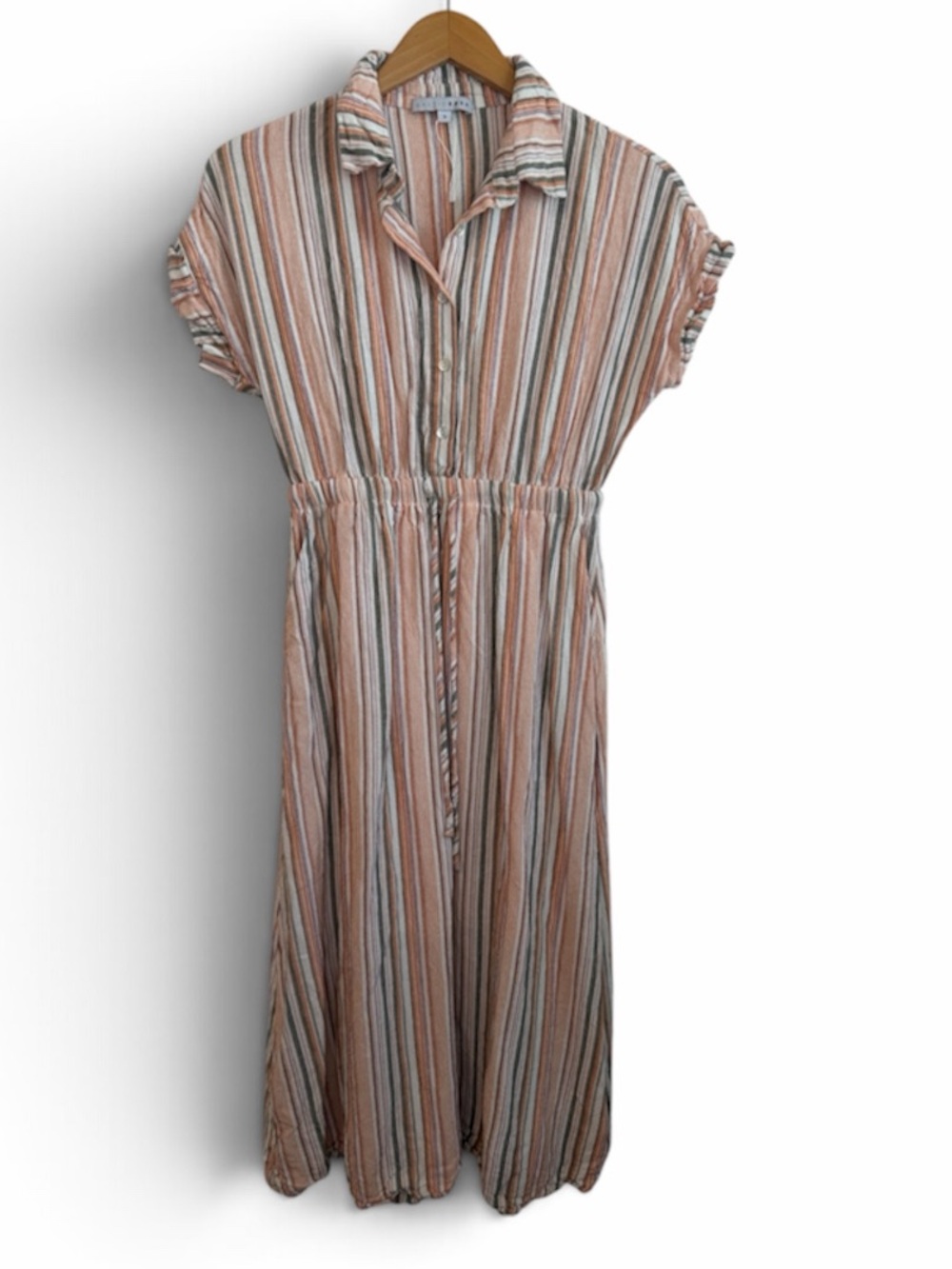 NWOT Baltic Born Short-Sleeve Striped Midi Linen Blend Tan, Brown Cream Dress S